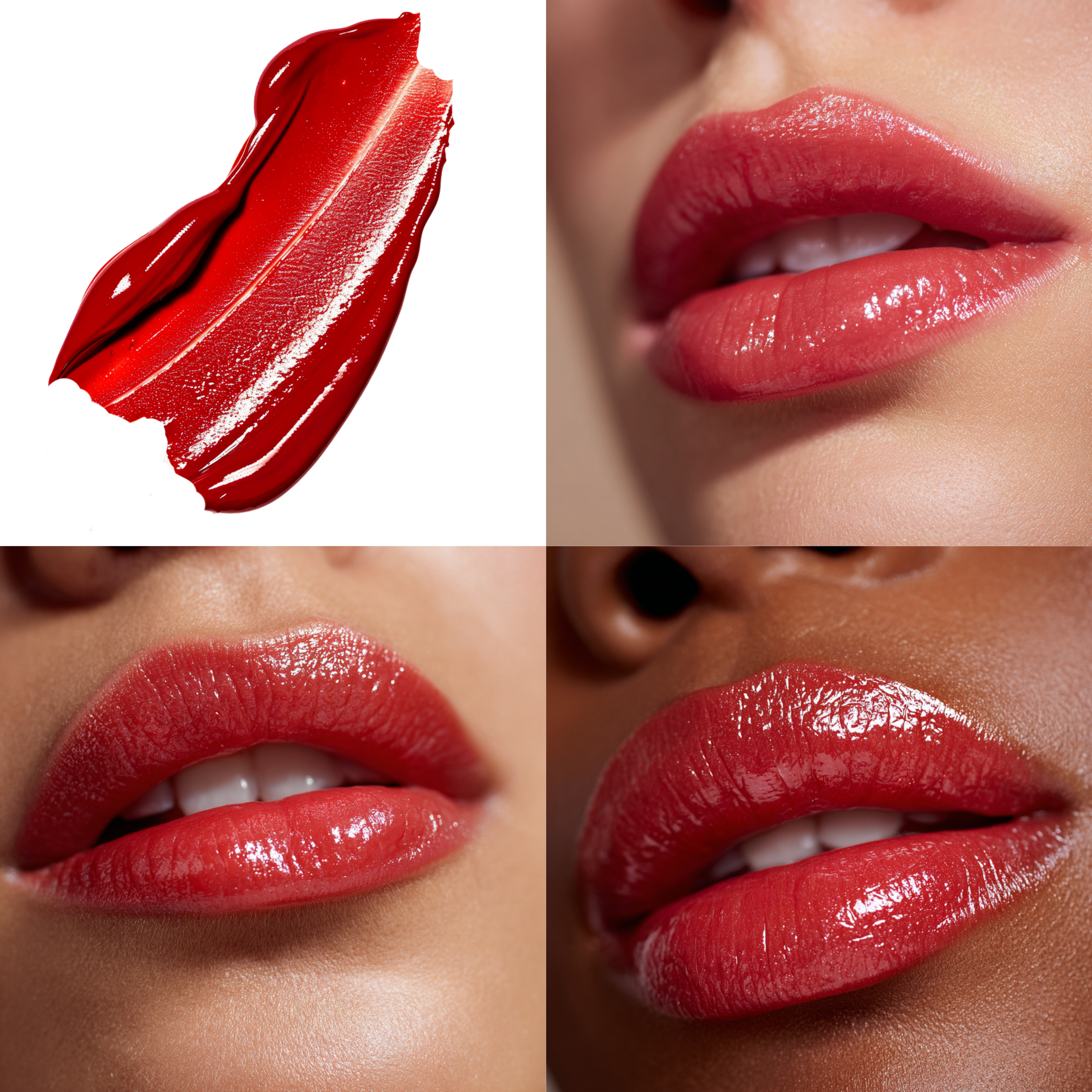Collage of red lip butter/lip gloss/gloss-balm treatment hybrid swatch and application on lips.