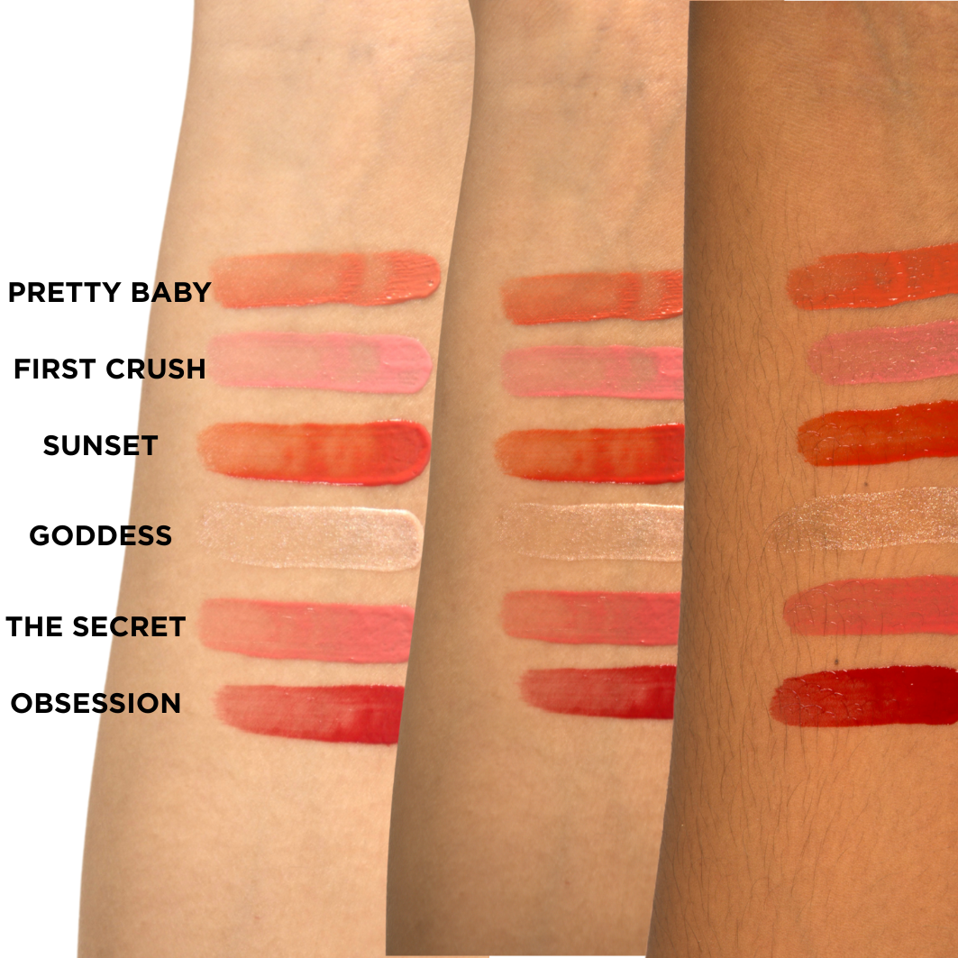 Tintessa's whipped mousse tint swatches on a beige background with labels for different shades on different skin tones
