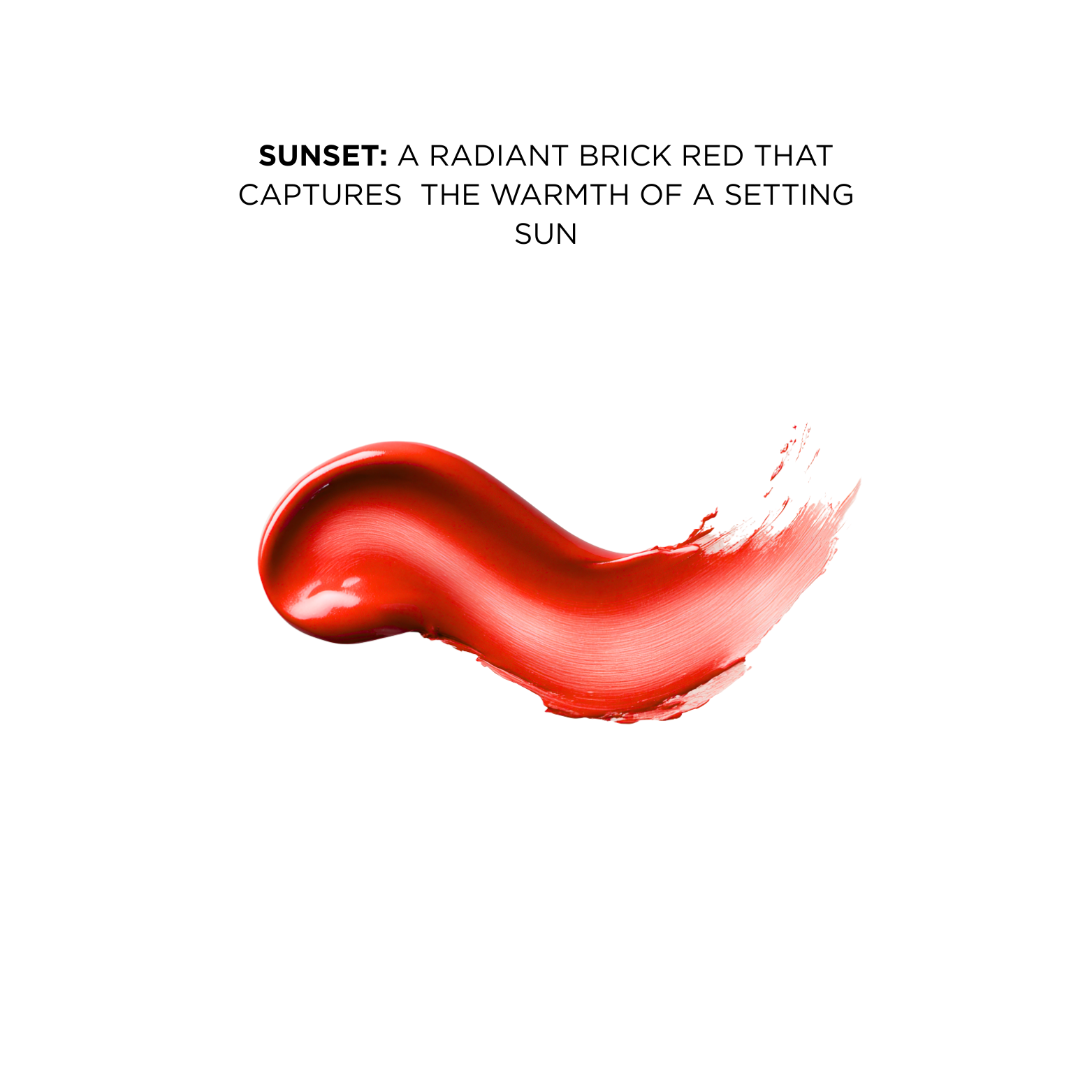 Red lip and cheek tint swatch with text describing sunset color on a white background