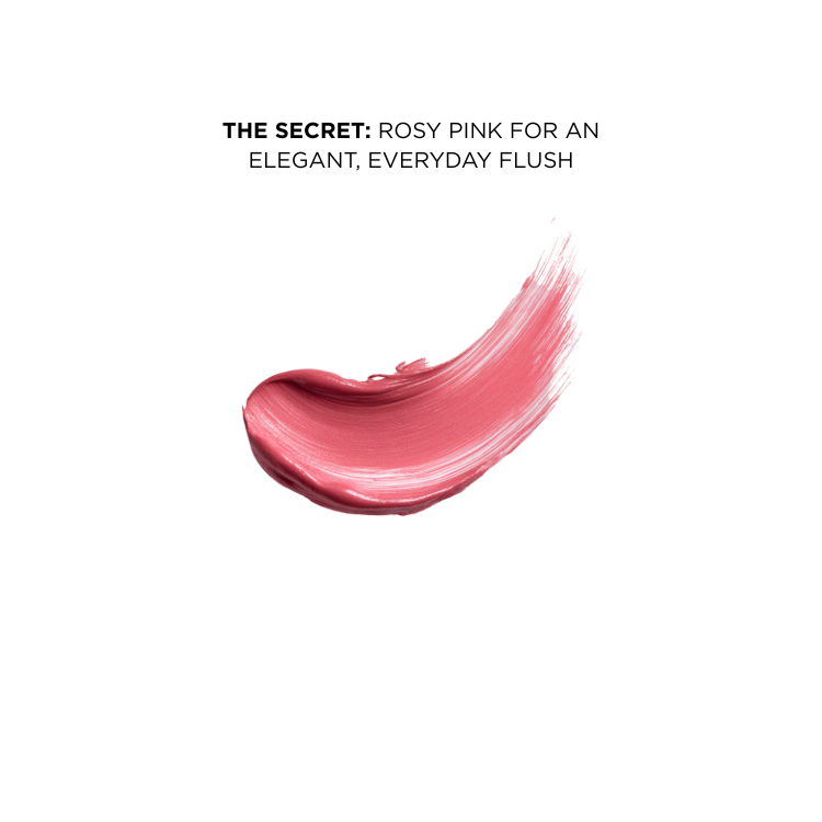 Rosy pink lip and cheek tint swatch on a white background with text about the color.
