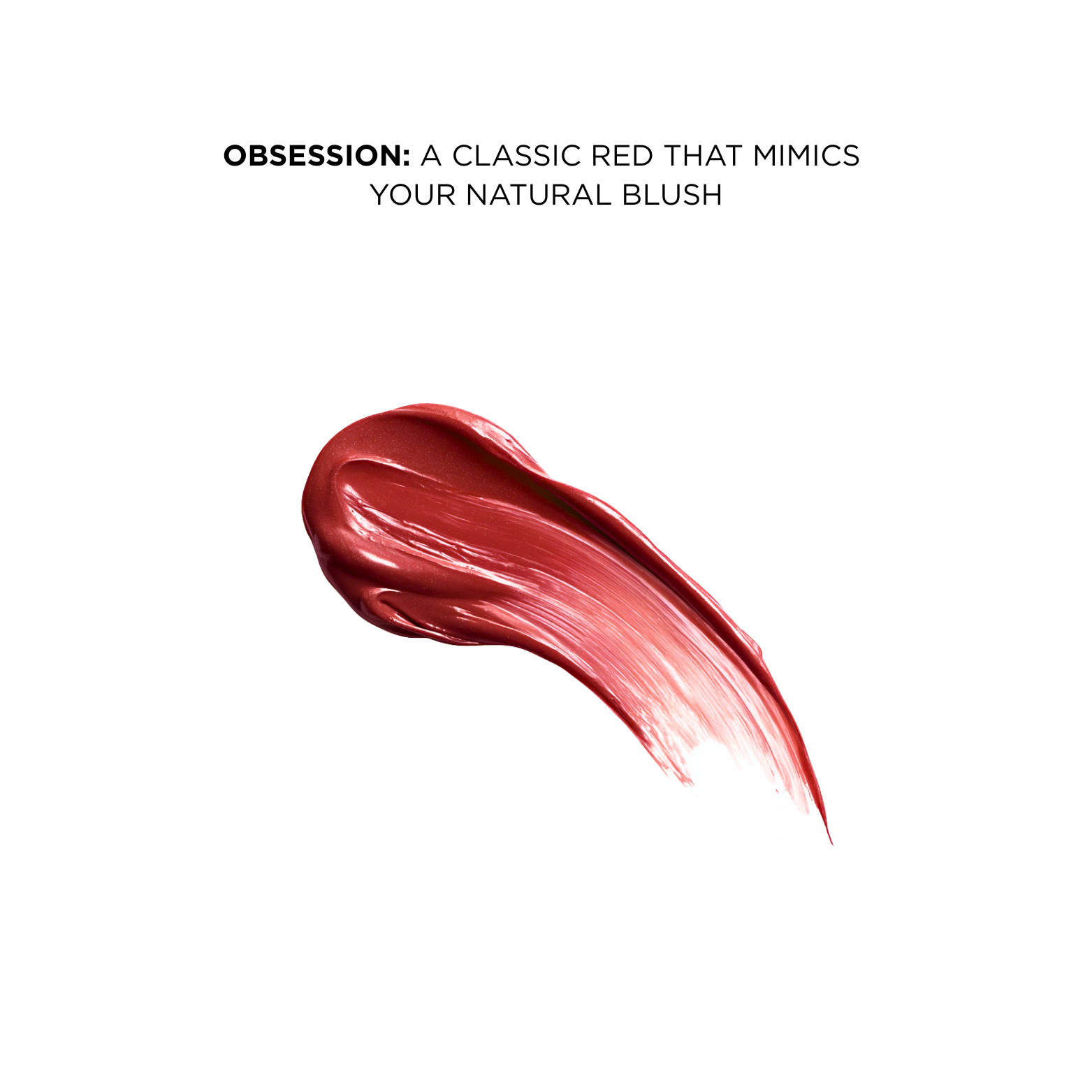 Red lip and cheek tint swatch on a white background with text describing the color 'Obsession'.
