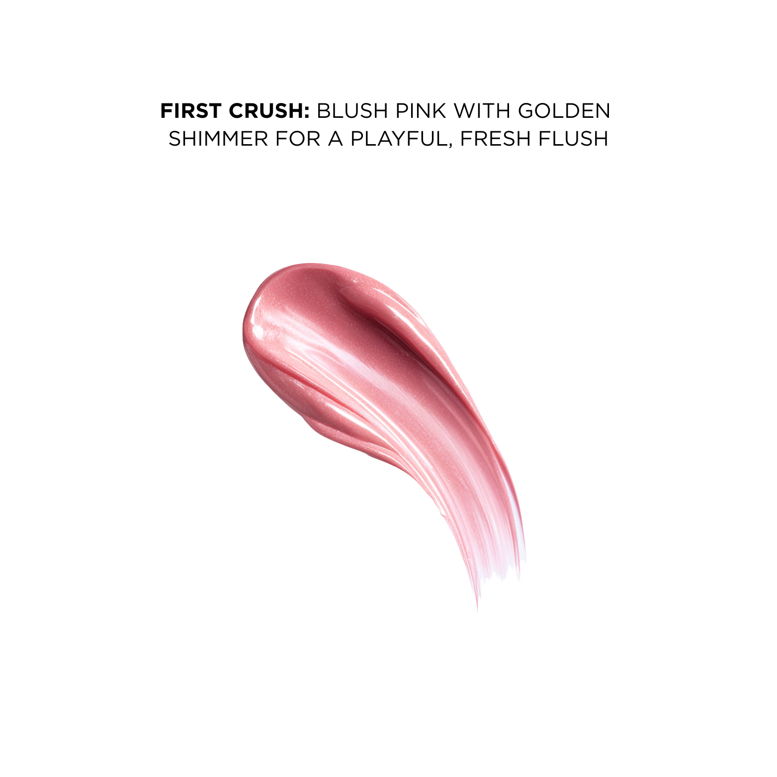 Pink lip and cheek tint swatch with text describing a blush pink color with golden shimmer on a white background