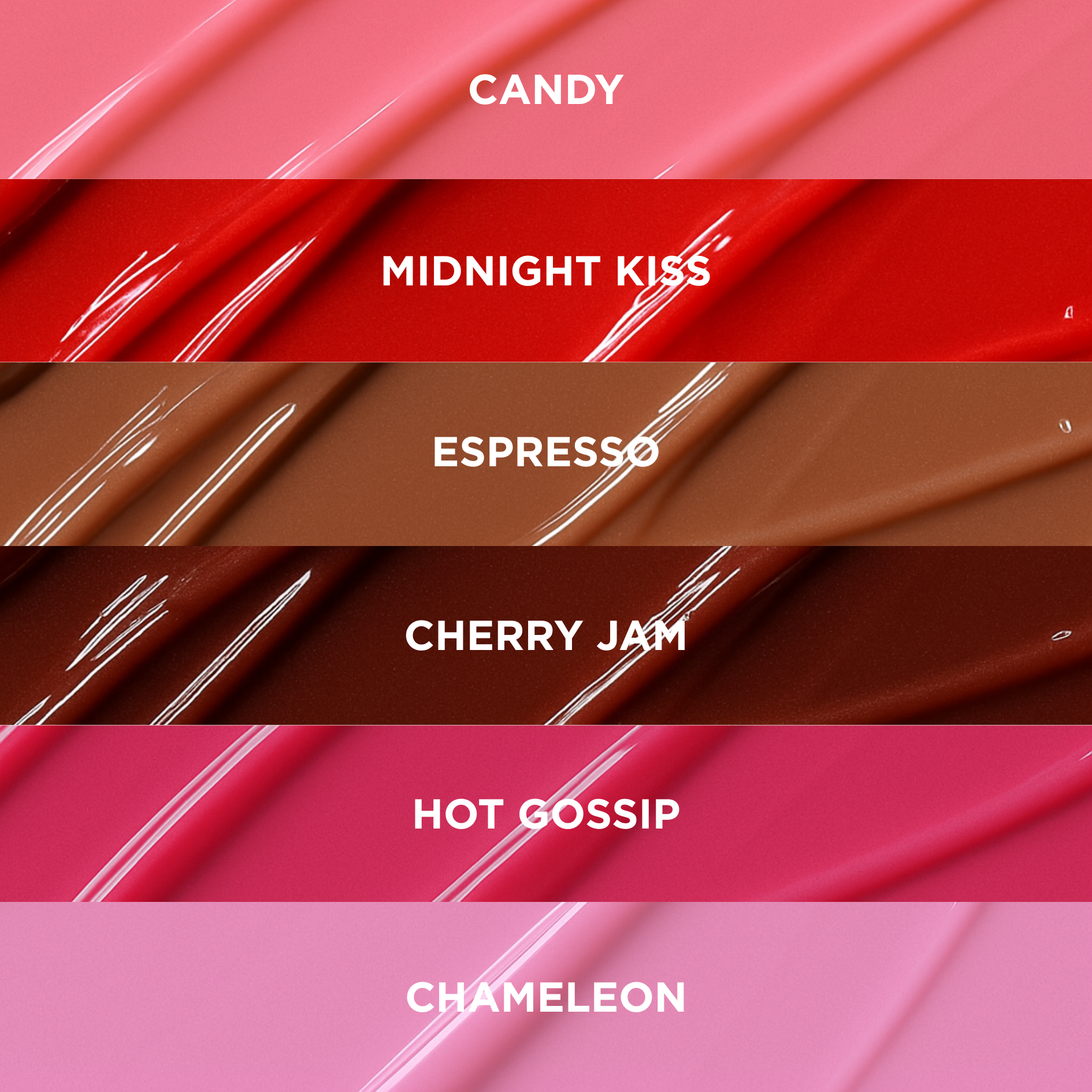 Color swatches with labels including 'Candy', 'Midnight Kiss', 'Espresso', 'Cherry Jam', 'Hot Gossip', and 'Chameleon'.