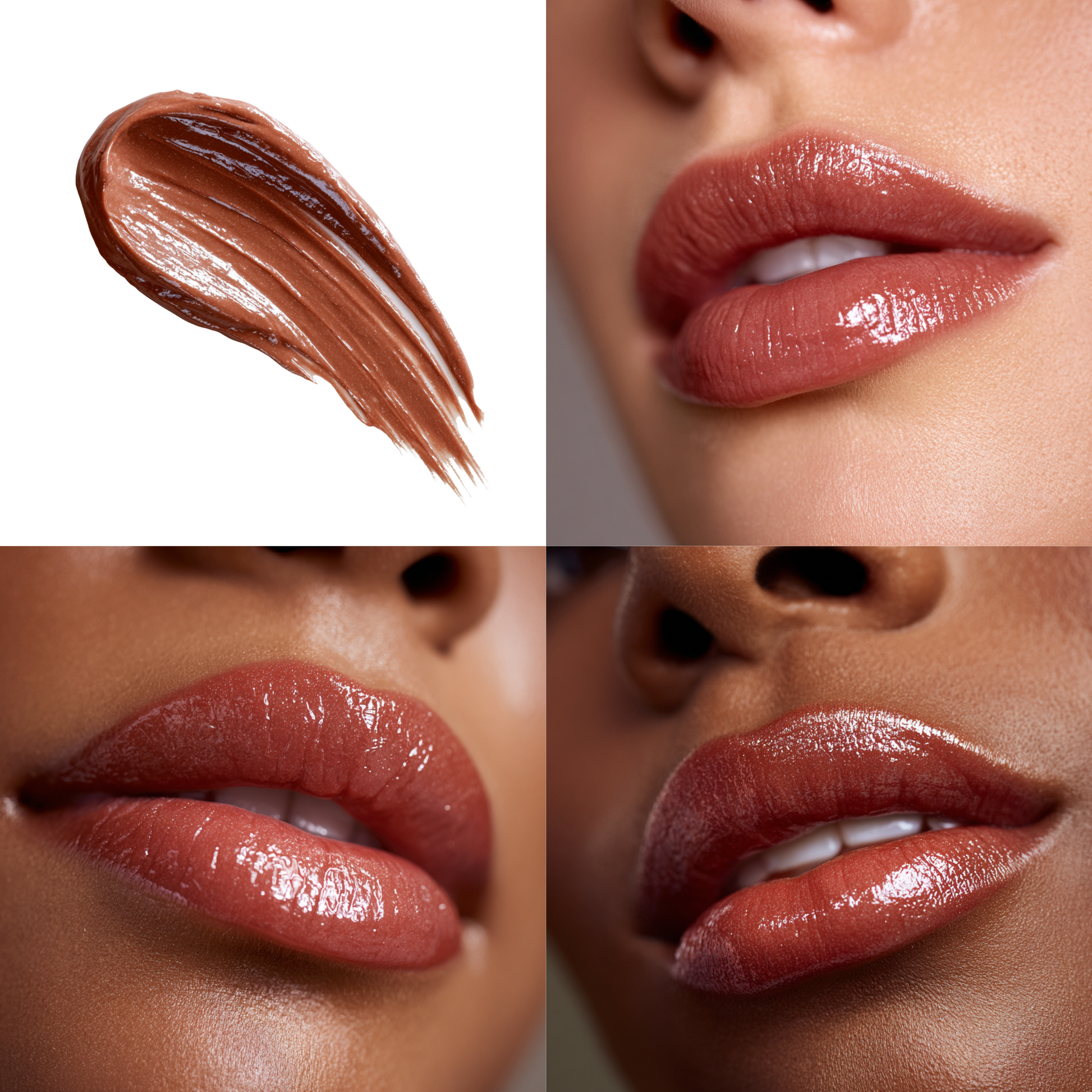 Collage of brown lip butter/lip gloss/gloss-balm treatment hybrid swatch and application on lips.
