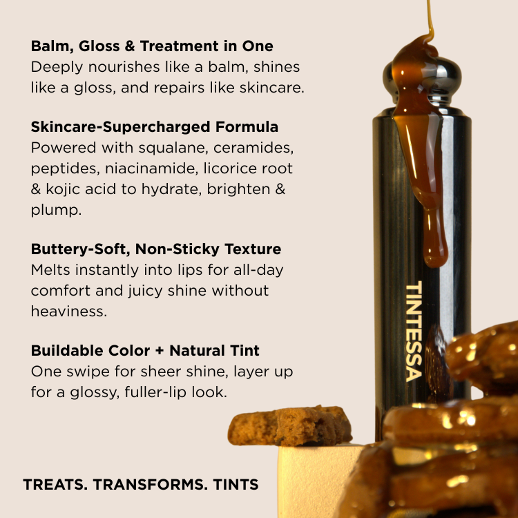 Tintessa skincare supercharged lip butter with product features and benefits listed on a beige background