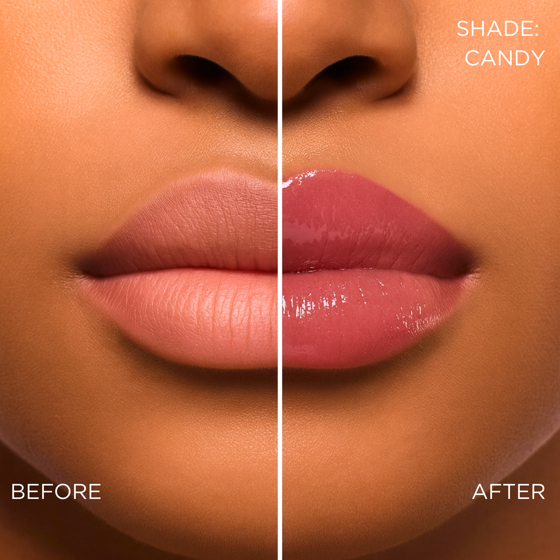 Before and after comparison of a pink lip butter/ lip gloss/ gloss-balm treatment hybrid change on a brown lips.