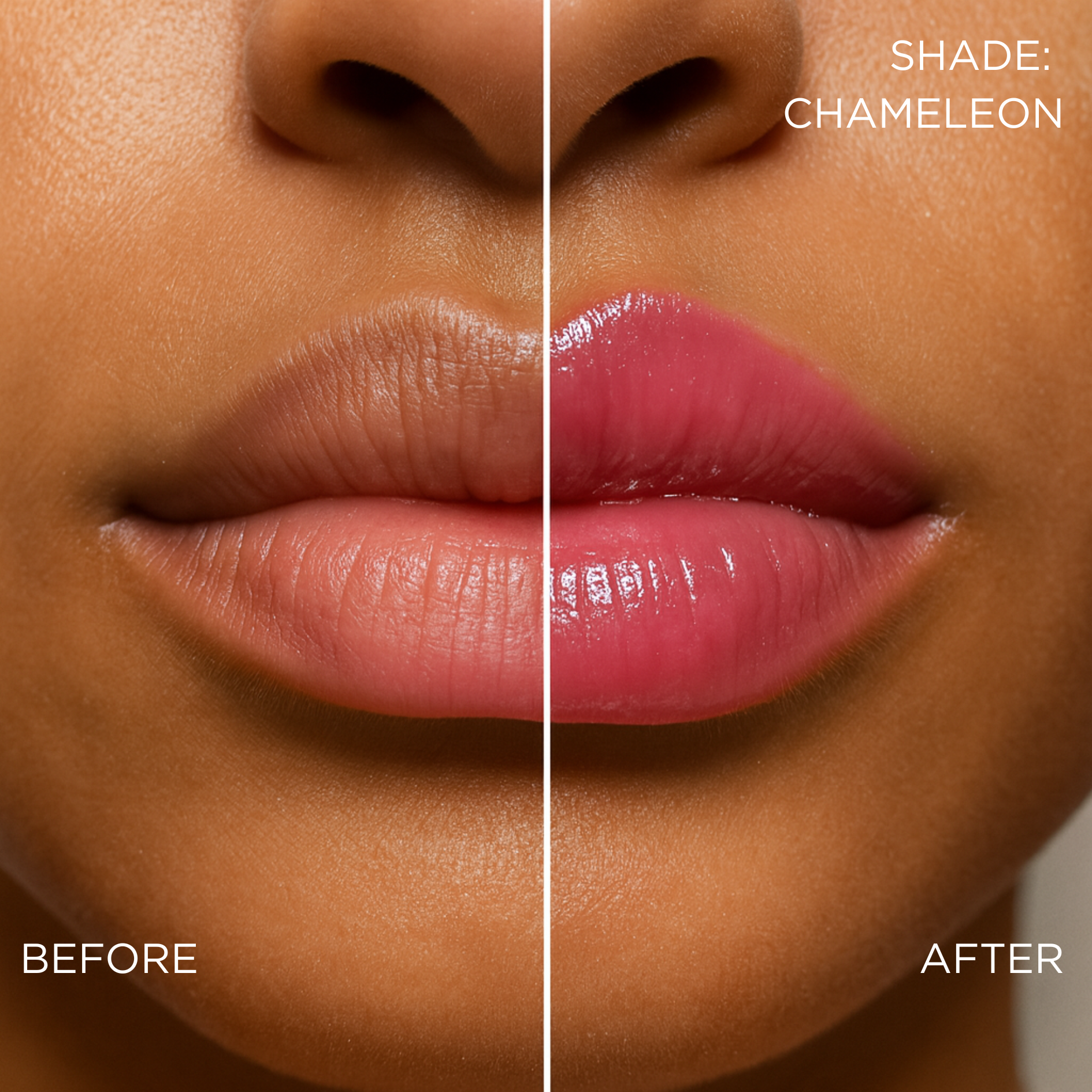 Before and after comparison of a pink lip butter/ lip gloss/ gloss-balm treatment hybrid change on a brown lips.