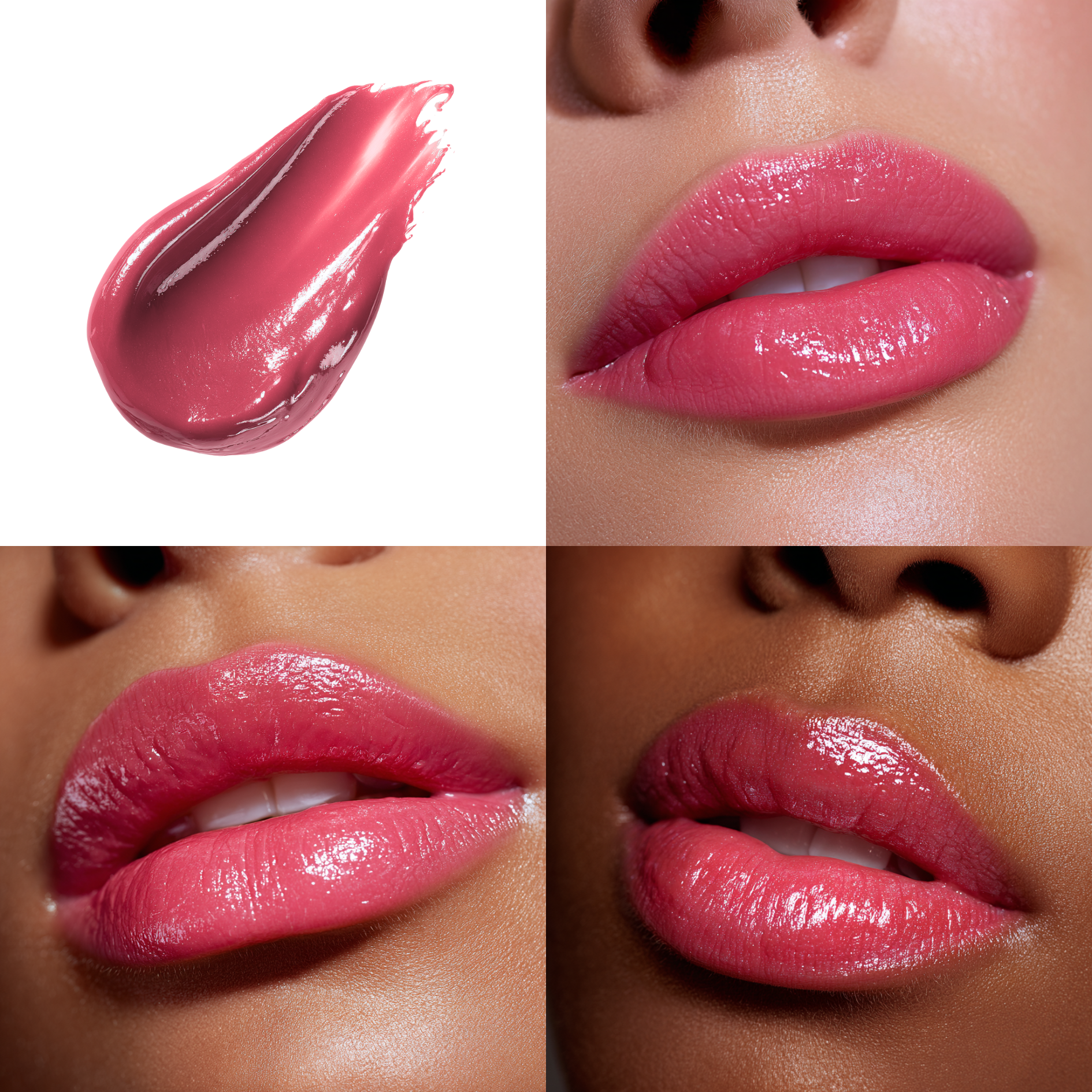 Collage of pink lip butter/lip gloss/gloss-balm treatment hybrid swatch and application on lips.