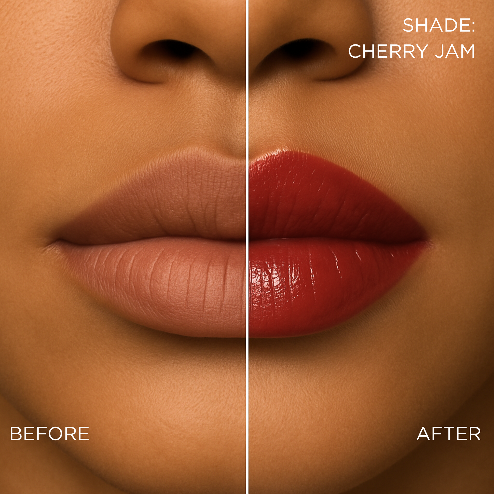 Before and after comparison of a cherry cola lip butter/ lip gloss/ gloss-balm treatment hybrid change on a brown lips.