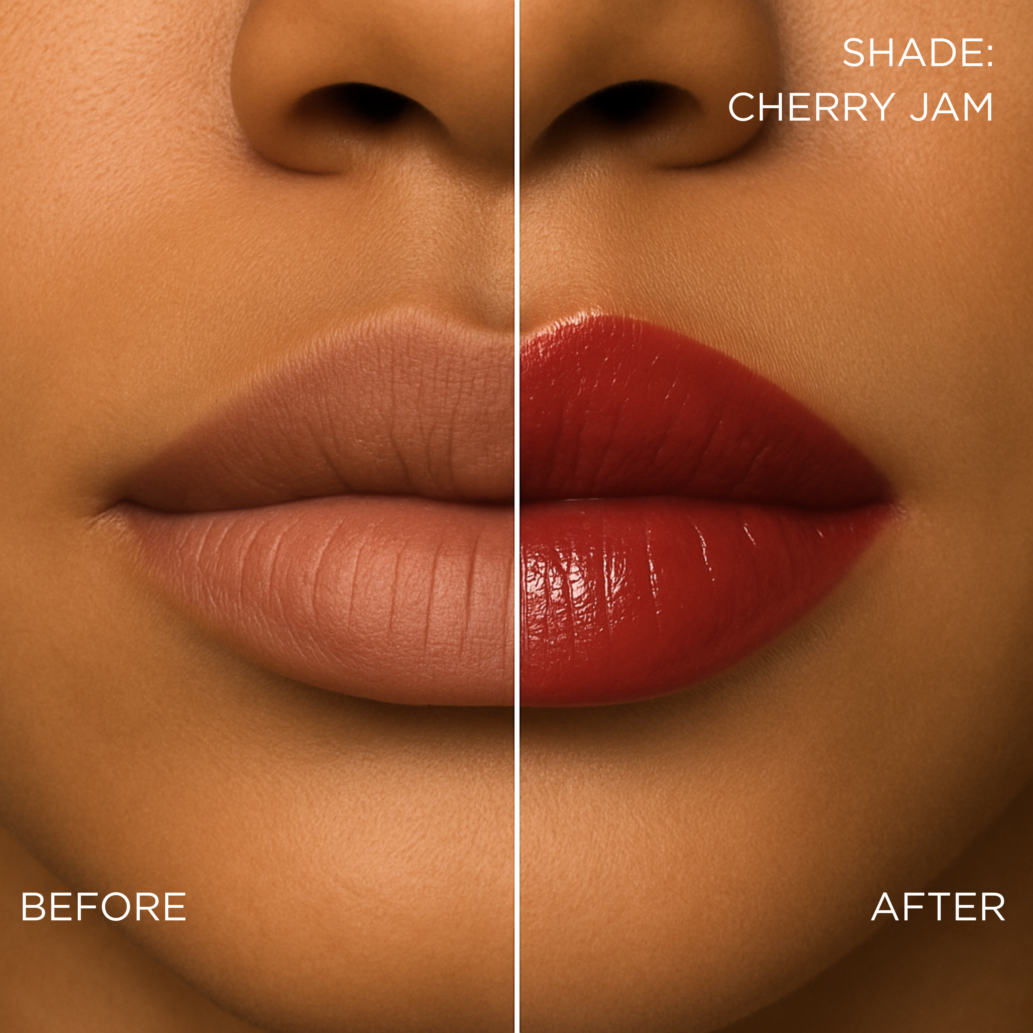 Before and after comparison of a cherry cola lip butter/ lip gloss/ gloss-balm treatment hybrid change on a brown lips.