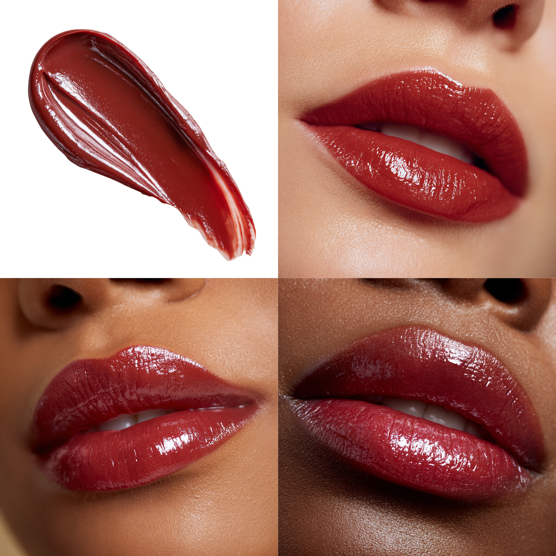 Collage of cherry cola lip butter/lip gloss/gloss-balm treatment hybrid swatch and application on lips.