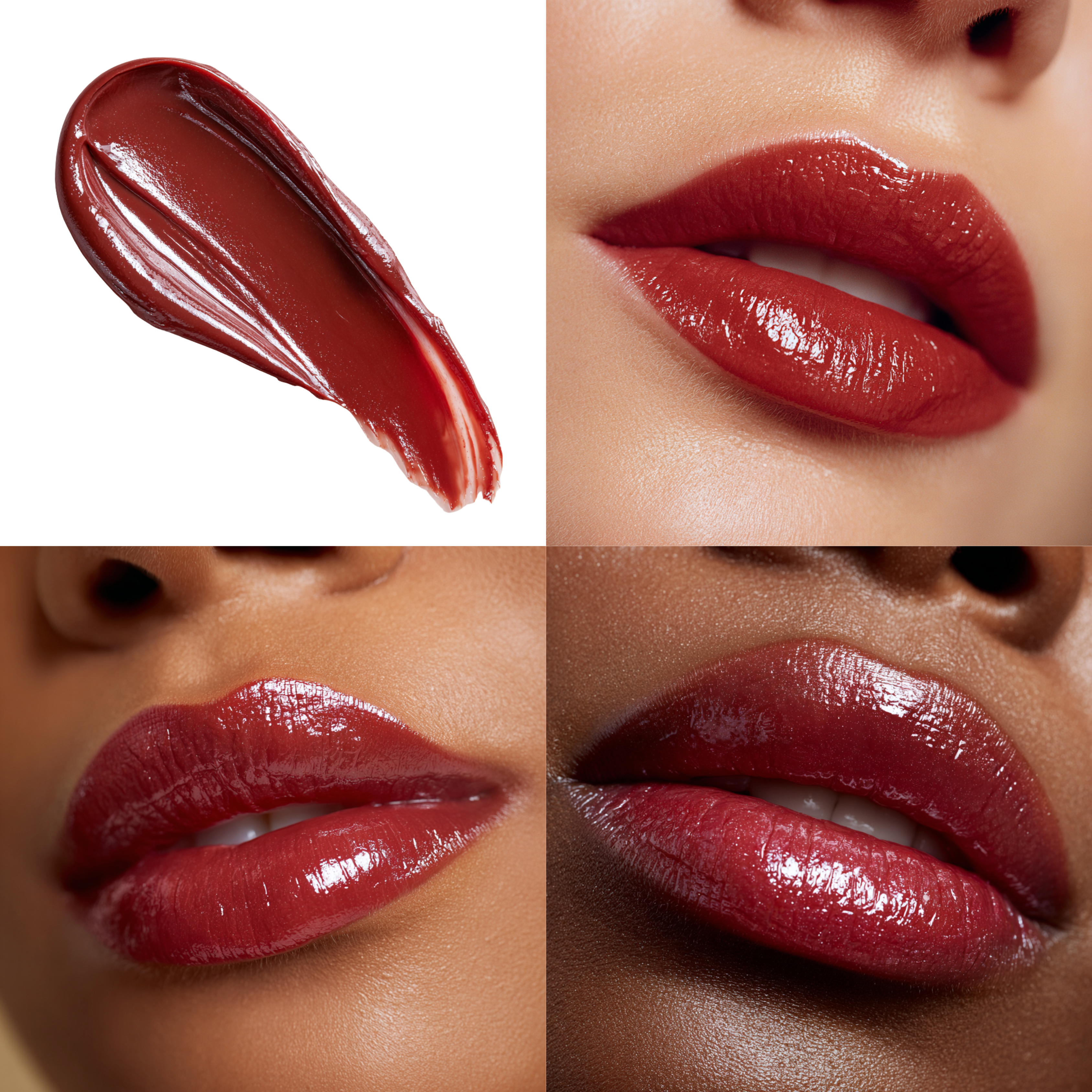 Collage of cherry cola lip butter/lip gloss/gloss-balm treatment hybrid swatch and application on lips.