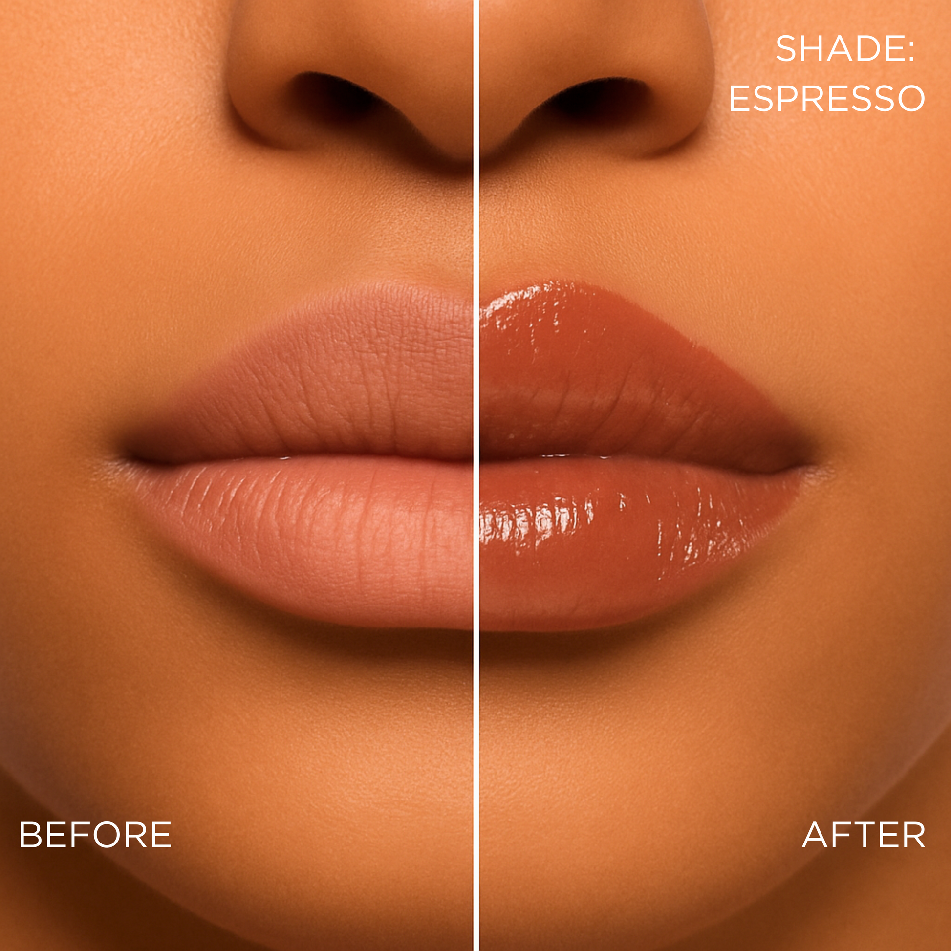 Before and after comparison of a brown lip butter/ lip gloss/ gloss-balm treatment hybrid change on a brown lips.