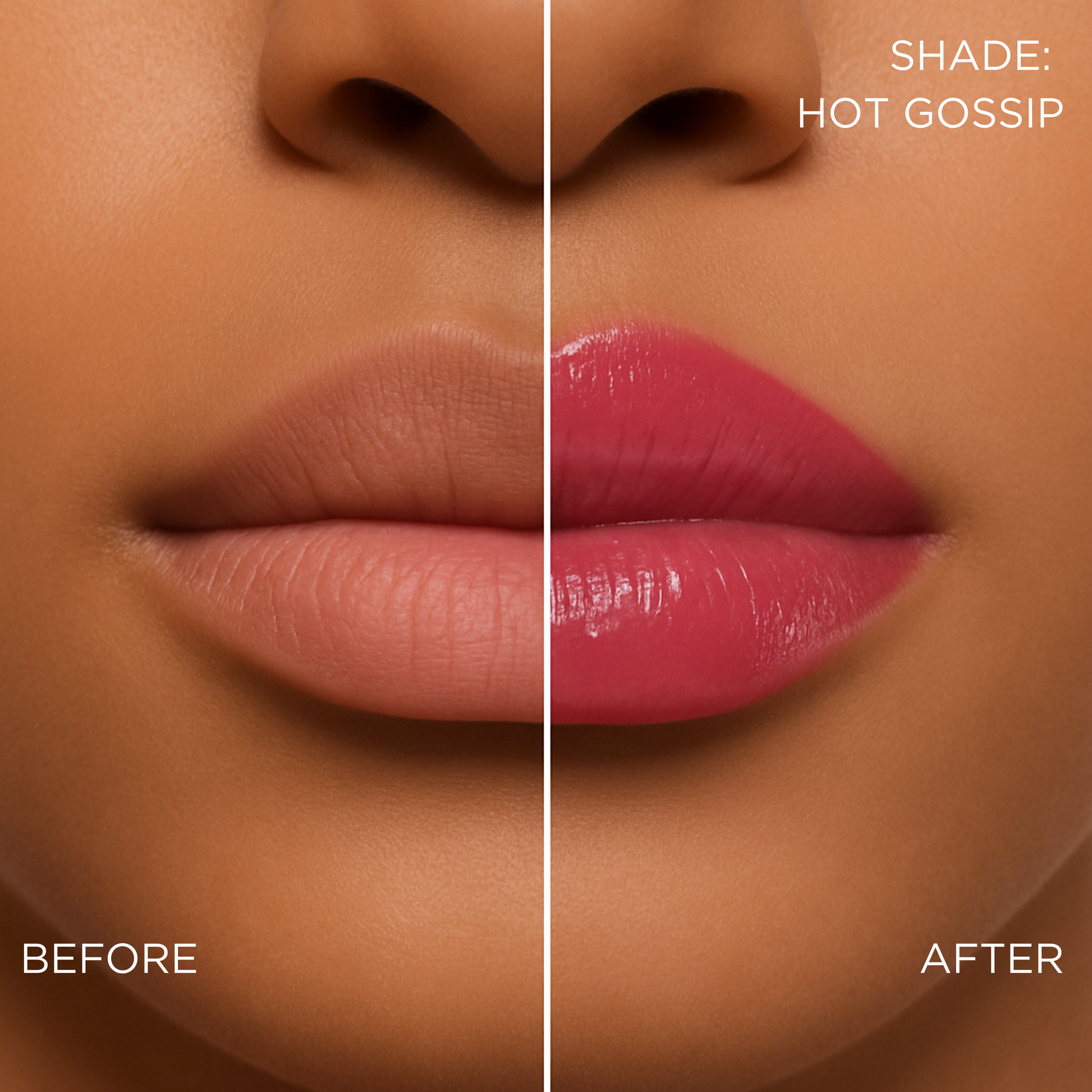 Before and after comparison of a pink lip butter/ lip gloss/ gloss-balm treatment hybrid change on a brown lips.