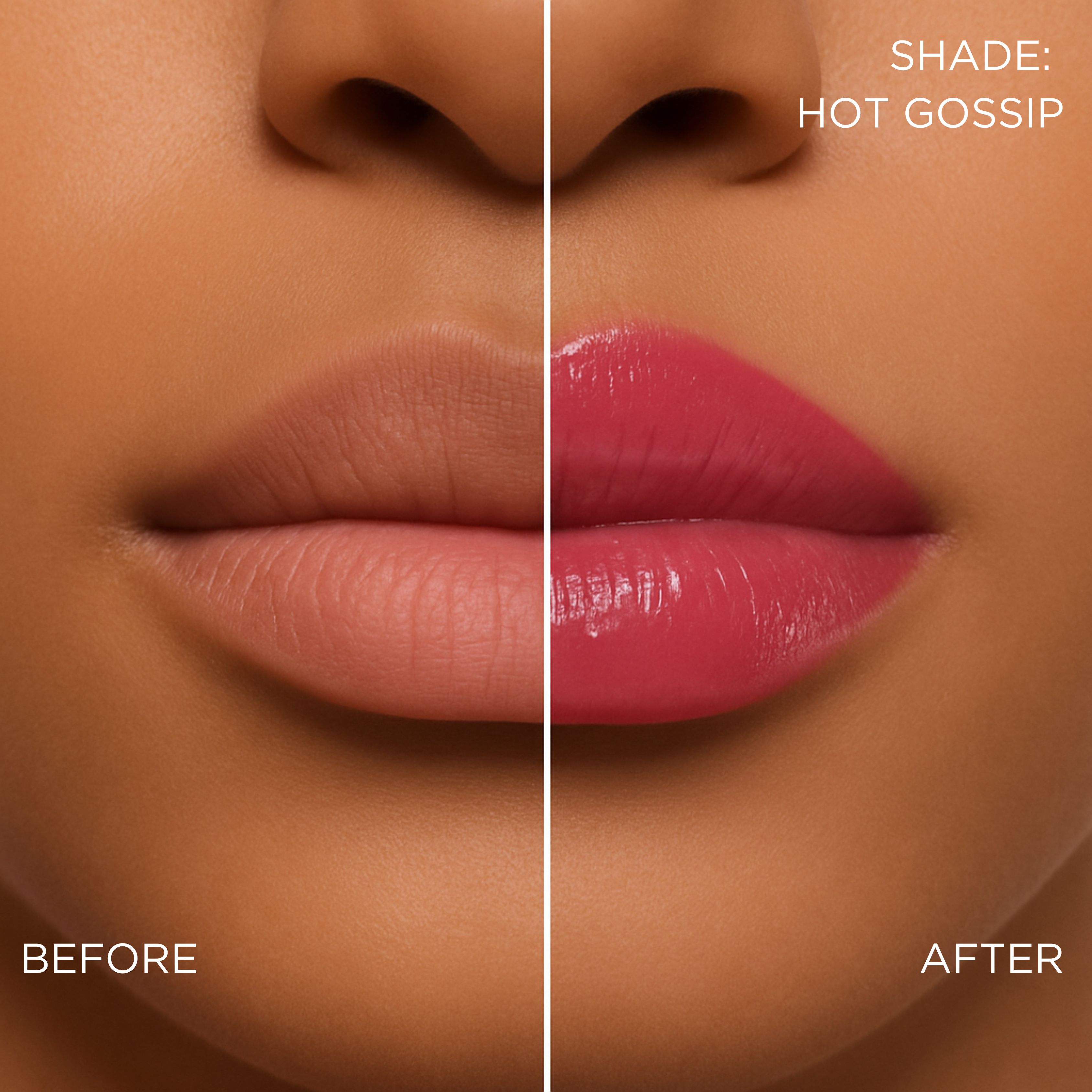 Before and after comparison of a pink lip butter/ lip gloss/ gloss-balm treatment hybrid change on a brown lips.