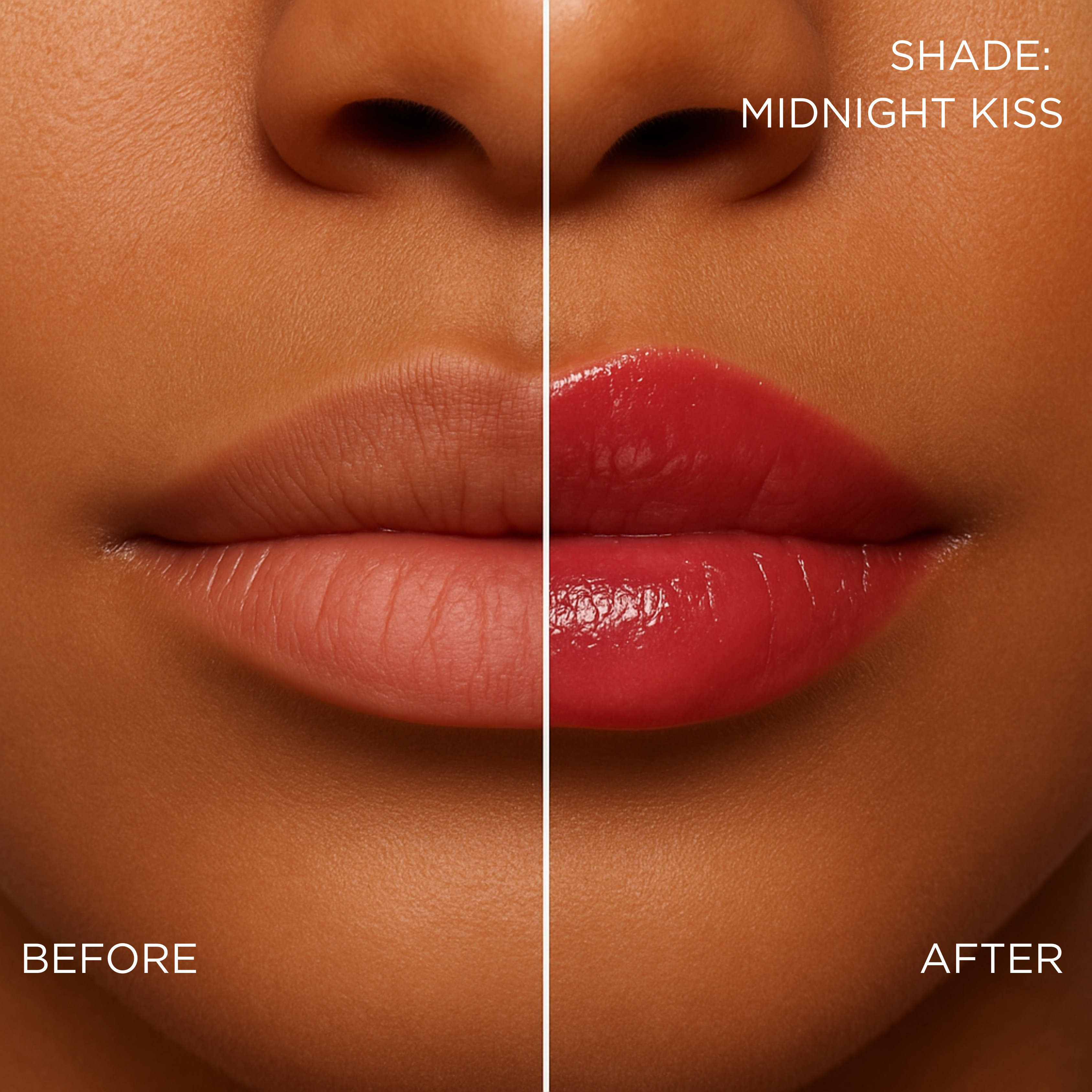Before and after comparison of a red lip butter/ lip gloss/ gloss-balm treatment hybrid change on a brown lips.