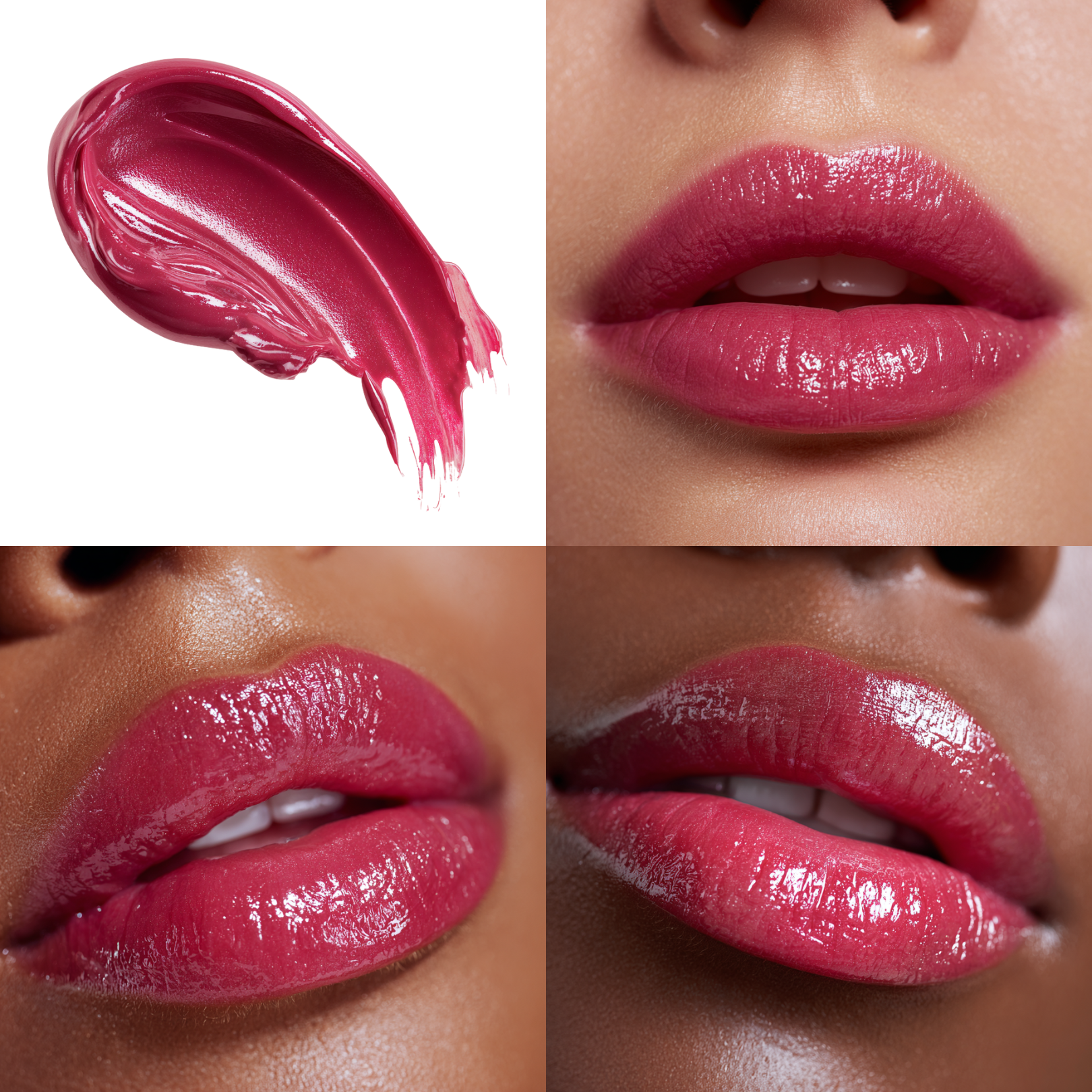 Collage of pink lip butter/lip gloss/gloss-balm treatment hybrid swatch and application on lips.